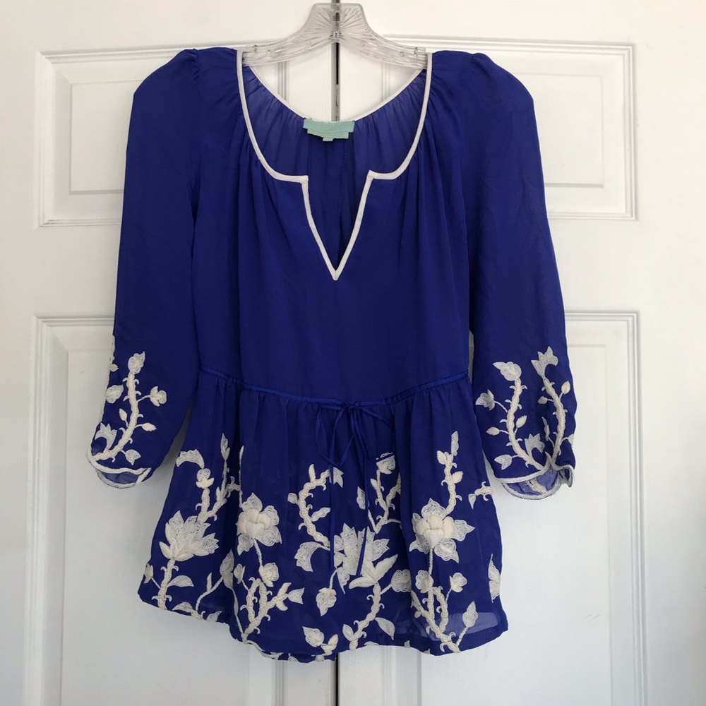 Leaves of Grass Navy Blue Silk Embroidered Tunic Blouse Size 36 XS